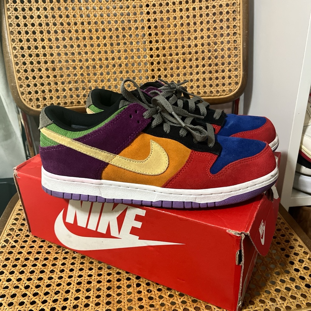 Nike Dunk Sneakers with Red, Blue, and Purple Accents